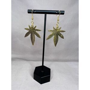 Handmade Gold Large Pot Leaf Dangly Earrings With Black Detailing